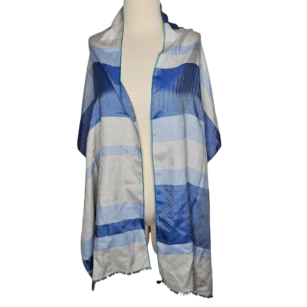 Soieries du Mekong Blue White Cotton Silk Oversized Scarf Shawl‎ Fringe French